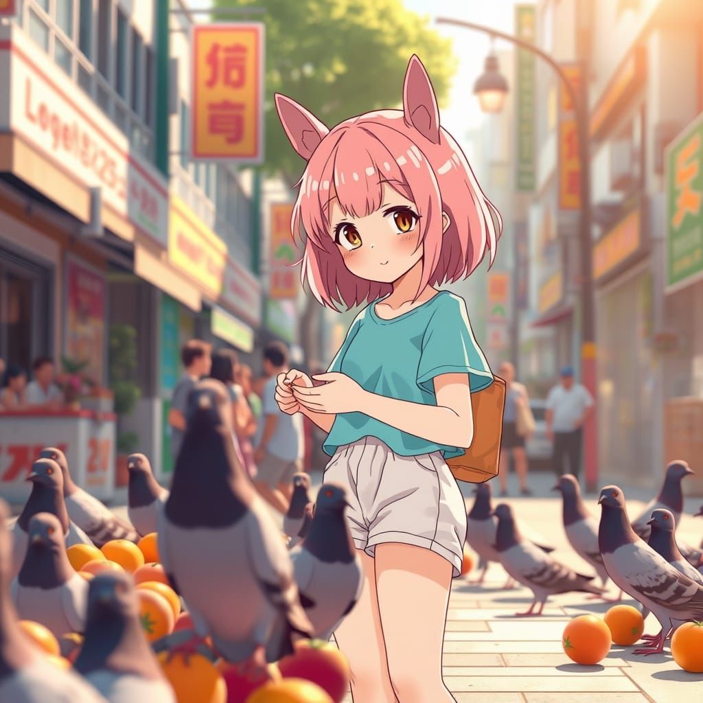 Anime Girl Feeds Pigeons in Morning Sunshine