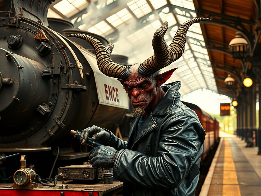 Steampunk Demon Repairs Steam Train at Station