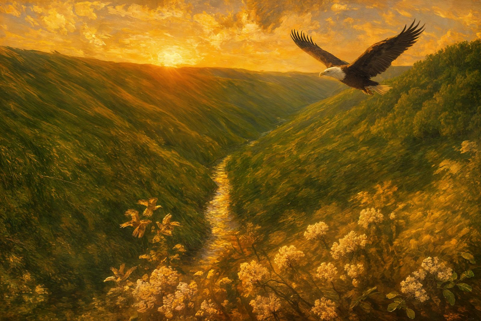 Bald Eagle in Golden Hour: Whimsical Oil Painting