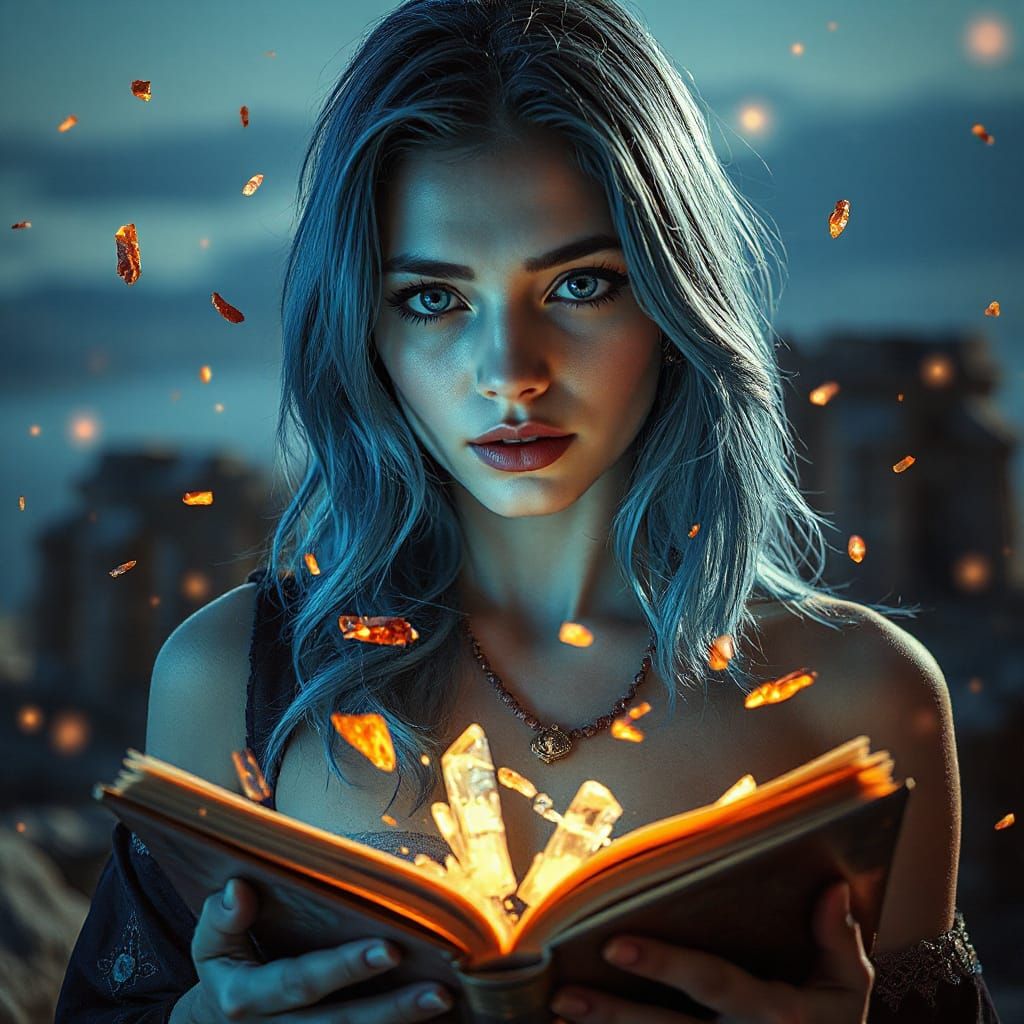 Surreal Woman Reading with Ancient Ruins