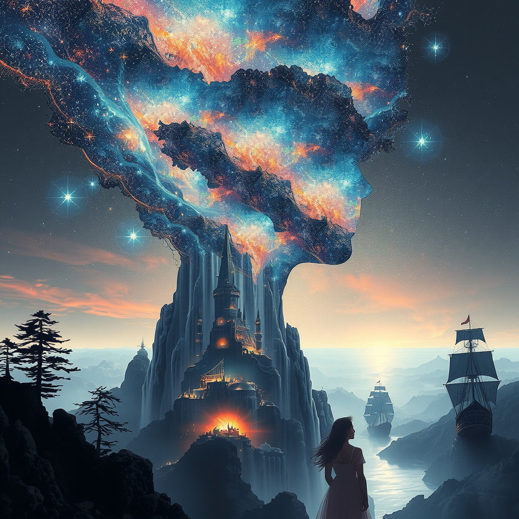 Cosmic Girl: Surreal Galaxy Waterfall in Escher Style