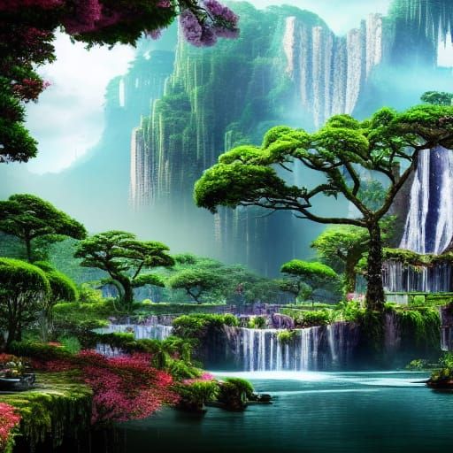 Cyberpunk Temples with Lush Gardens and Waterfalls