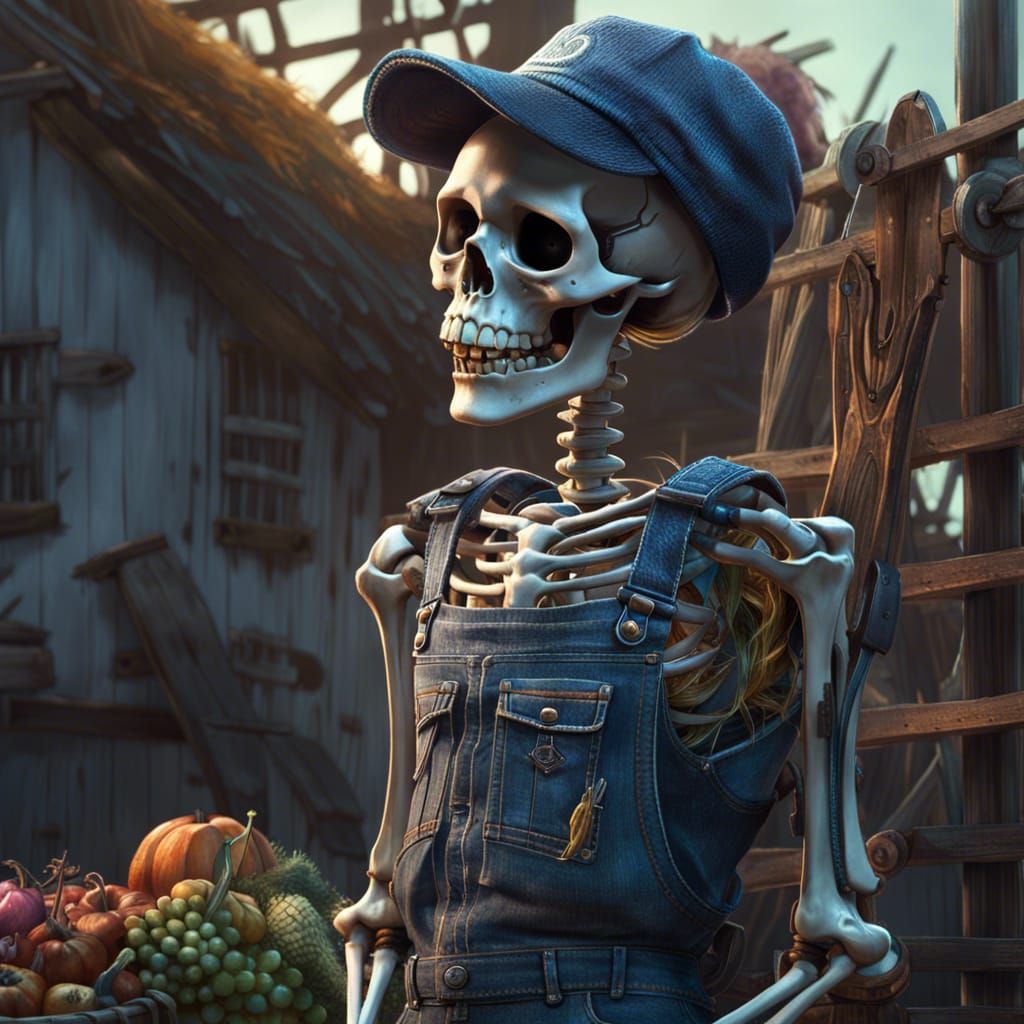 Skeleton Farmer in Overalls: Detailed 3D Art