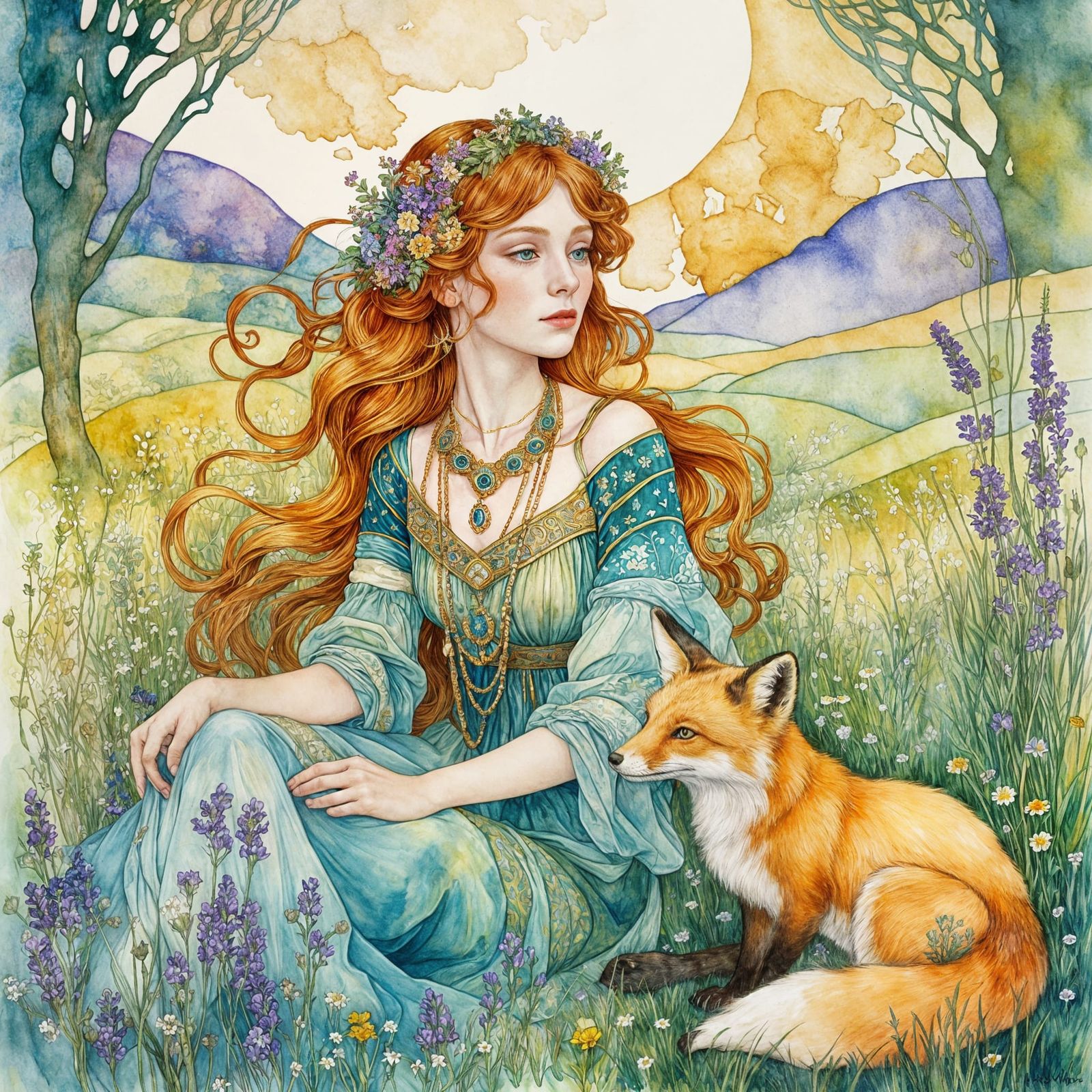 Redhead and Fox in Sunlight Meadow, Art Nouveau Style