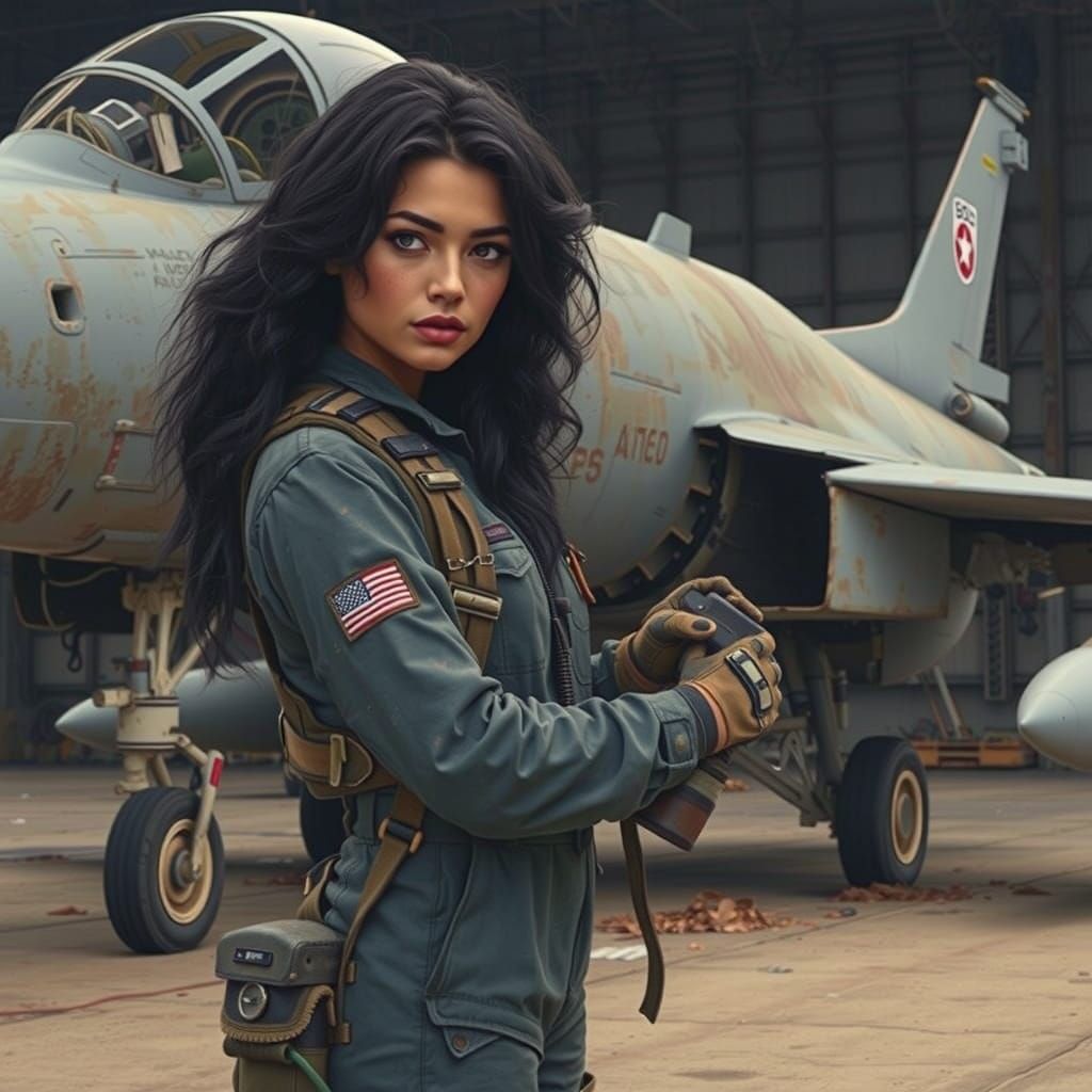 Confident Female Mechanic Inspects Damaged Fighter Jet