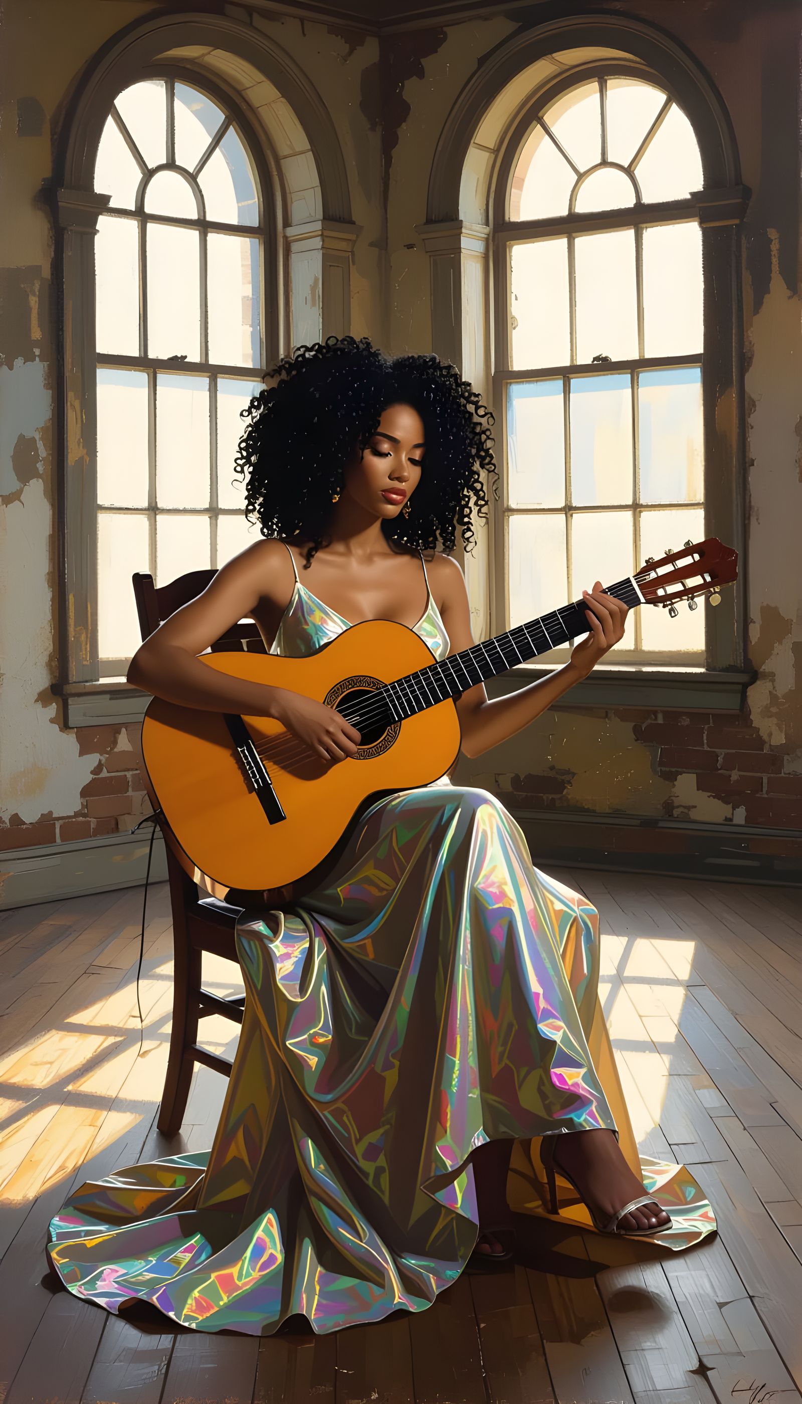 Black Woman Playing Guitar in Abandoned Apartment Oil Painti...