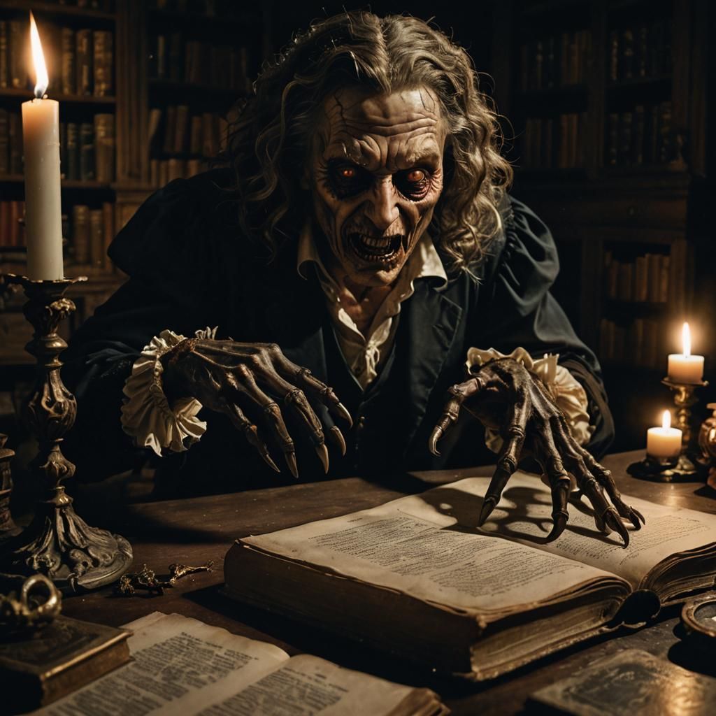 Eerie Creature Emerging in Dark Academia Style