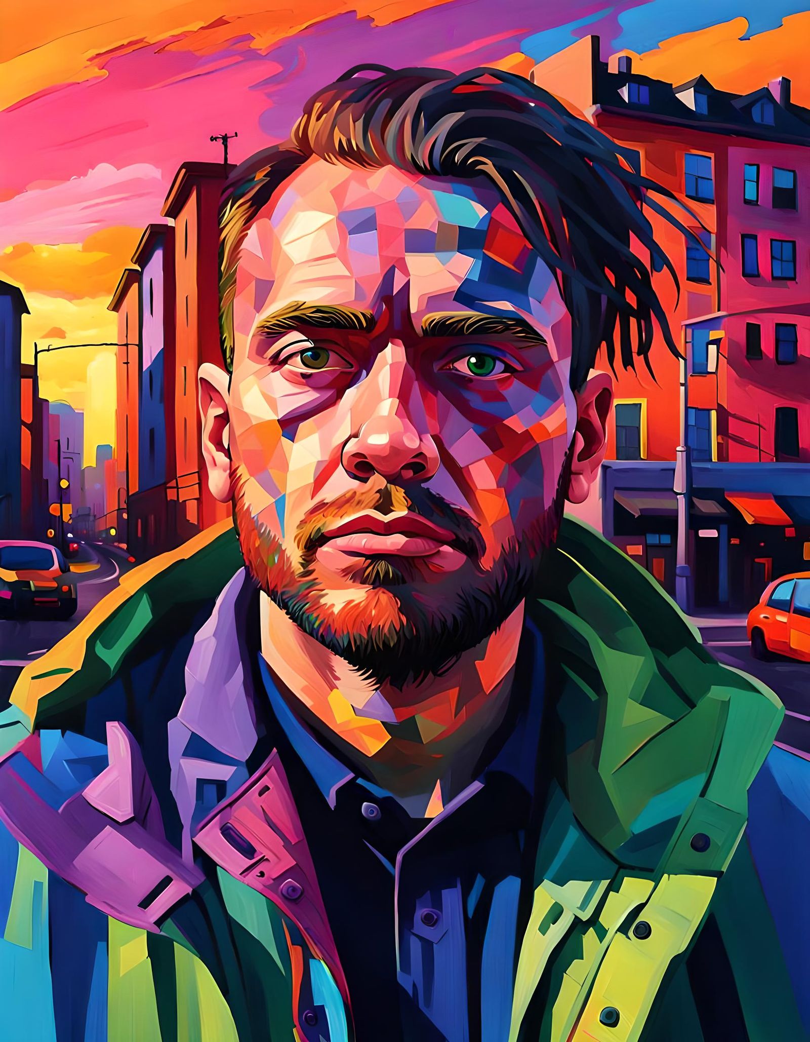 Fauvist Portrait Painting of Sunset City in Synthwave Style