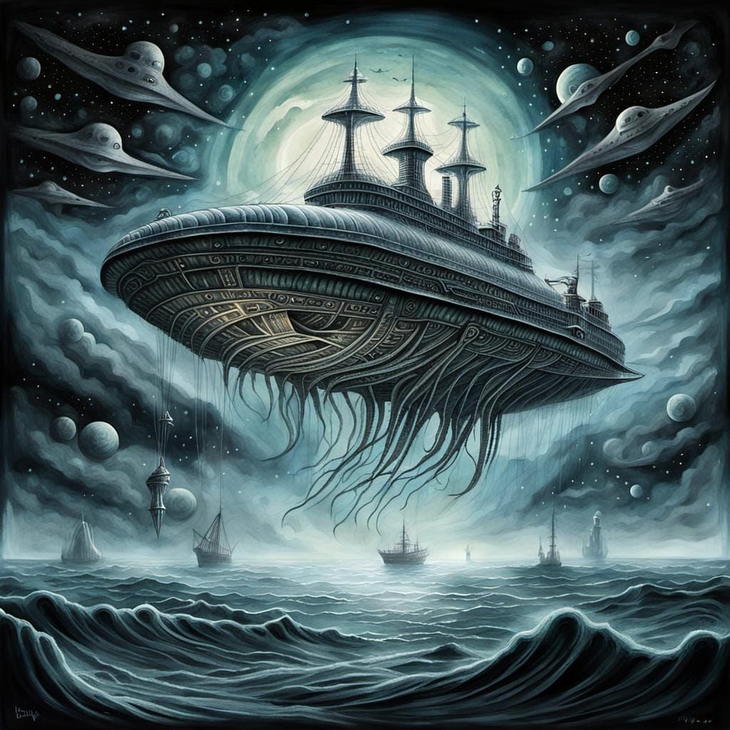 Alien Sailing Ship on Silver Ocean in Watercolour