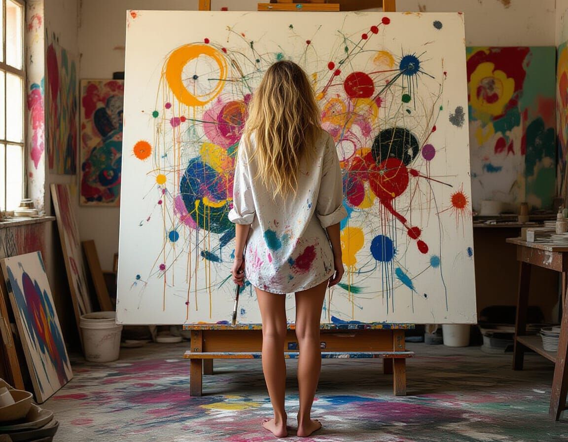 Abstract Expressionist Artist in Studio