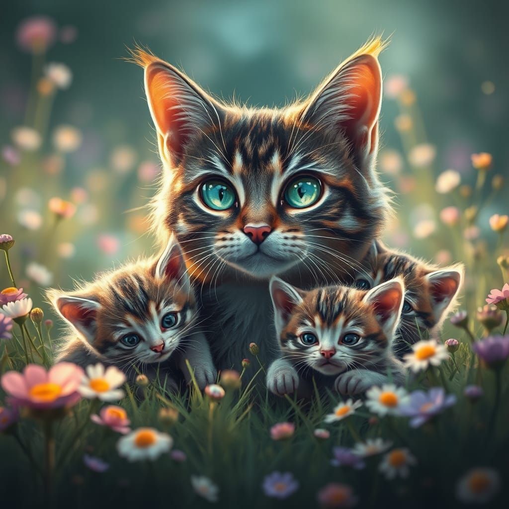 Emerald-Eyed Cat and Kittens in Enchanted Meadow