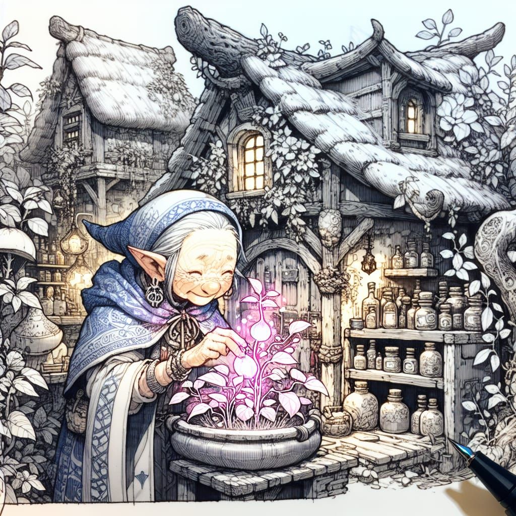 Whimsical Elf Woman Gathering Glowing Fruit in a Medieval As...