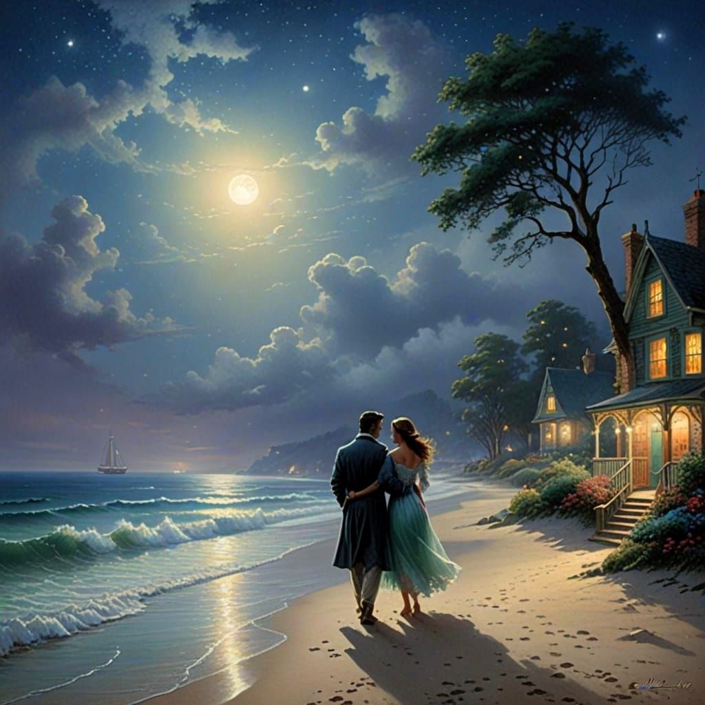 Lovers Embrace on Moonlit Beach, Ethereal Art