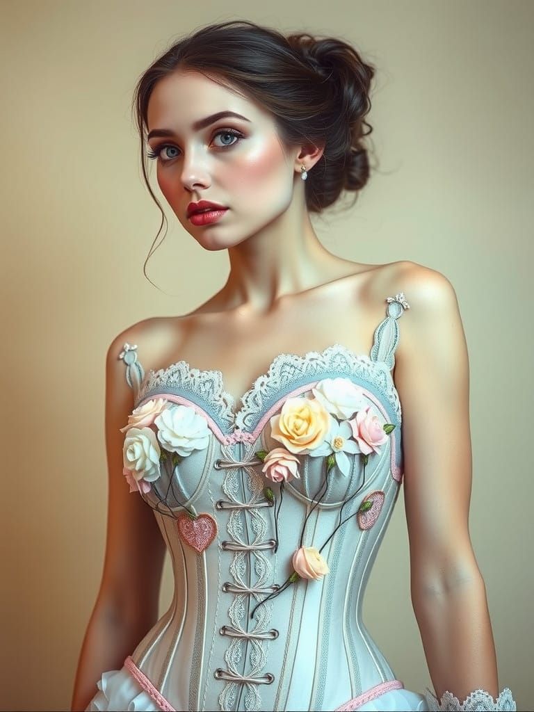 Woman Adorned in Whimsical Pastel Underbust Corset