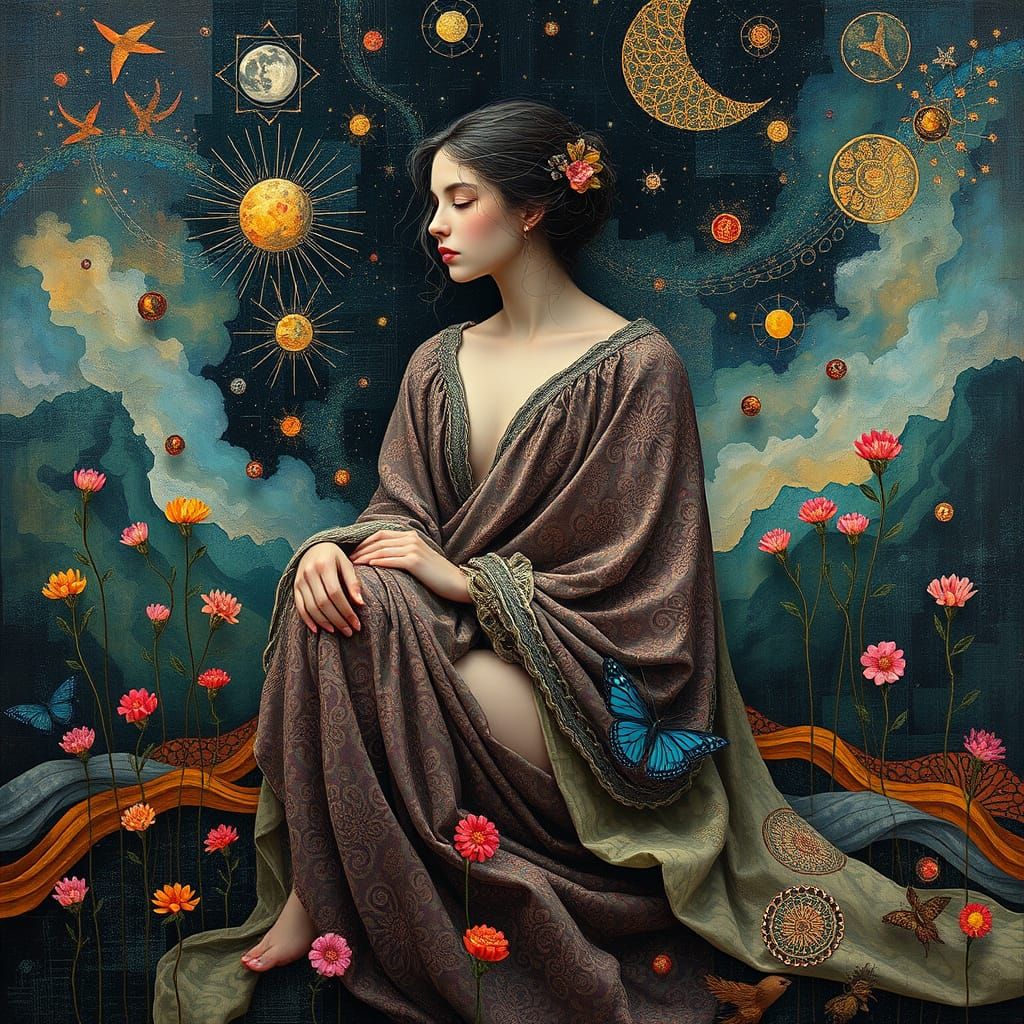 Dreamlike Figure in Whimsical, Cosmic Attire