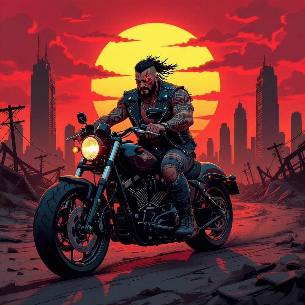 Post-Apocalyptic Biker Rides Through Wasteland Sunset