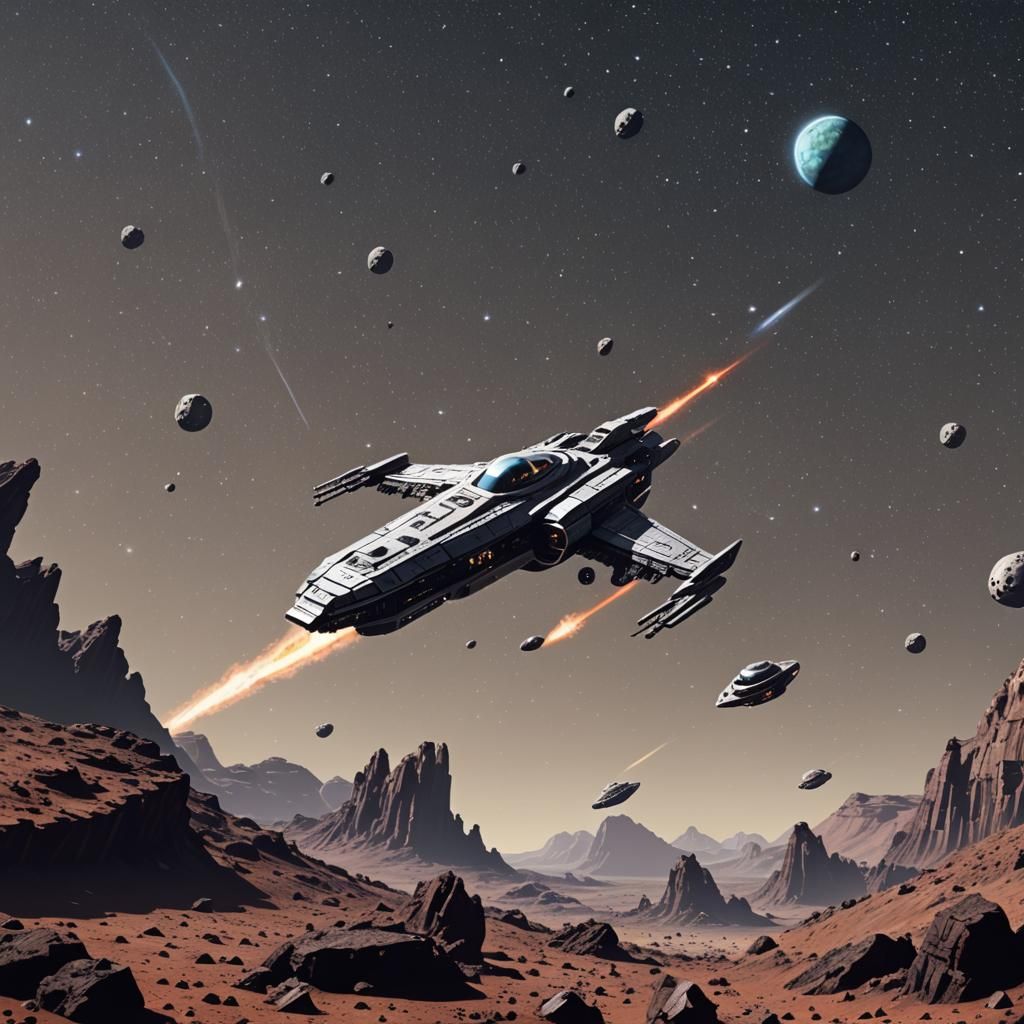 Spaceship Over Alien Planet in 16-bit Style