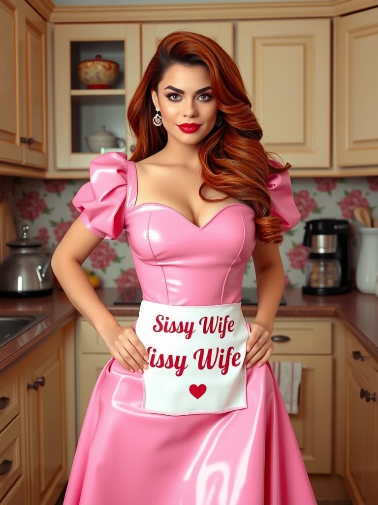 The image features a striking sissy standing confidently in a stylish kitchen setting. The sissy is adorned in an eye-ca...