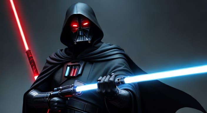 Mysterious Dark Fantasy Warrior Wields Twin Red Lightsabers