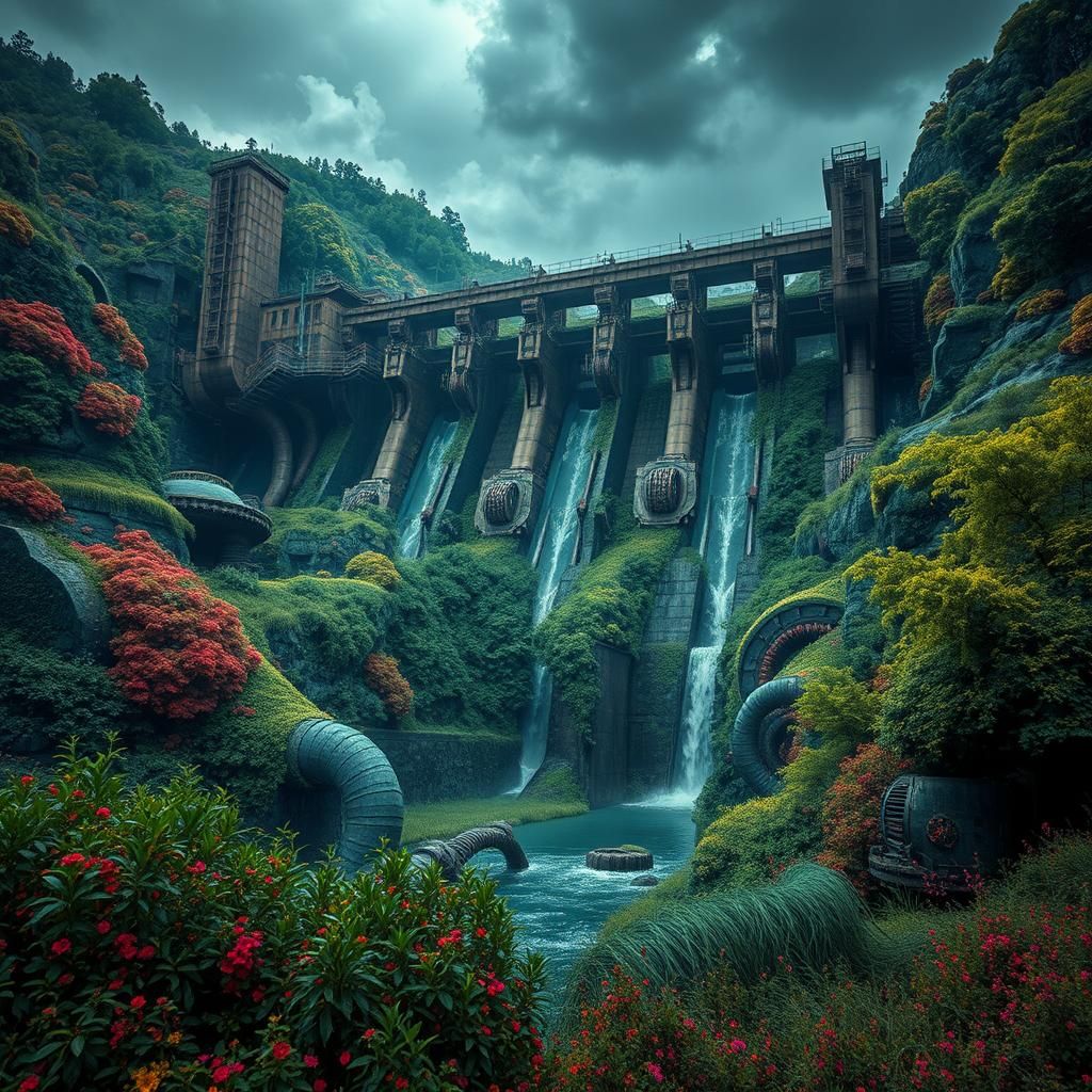 Surreal Abandoned Hydroelectric Dam in Dreamlike Landscape