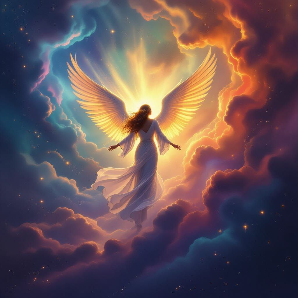 Angel Ascends Through Vibrant Cosmic Nebula