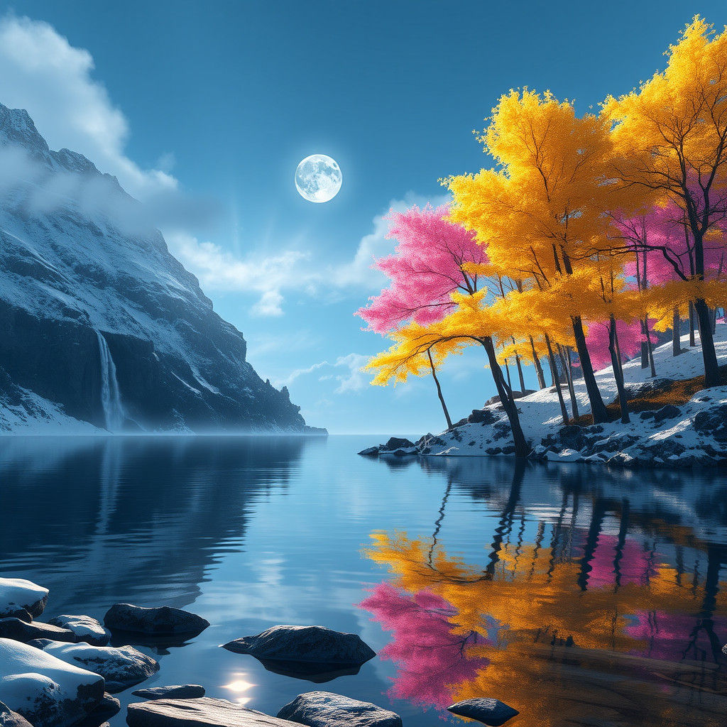 Moonlit Mountain Lake with Waterfall: Fantasy Art