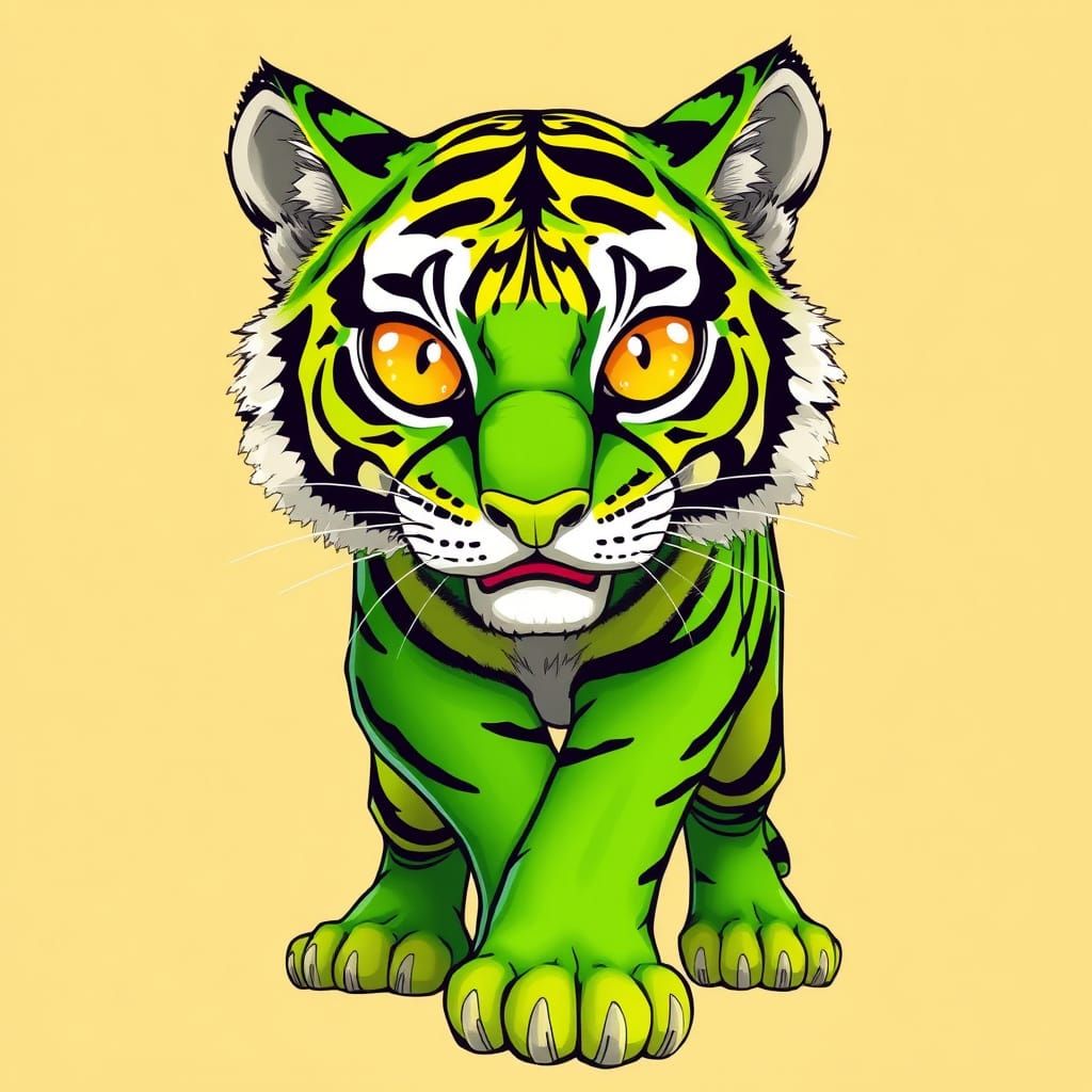 Electric Green Tiger with Bright Yellow Stripes in Anime Sty...