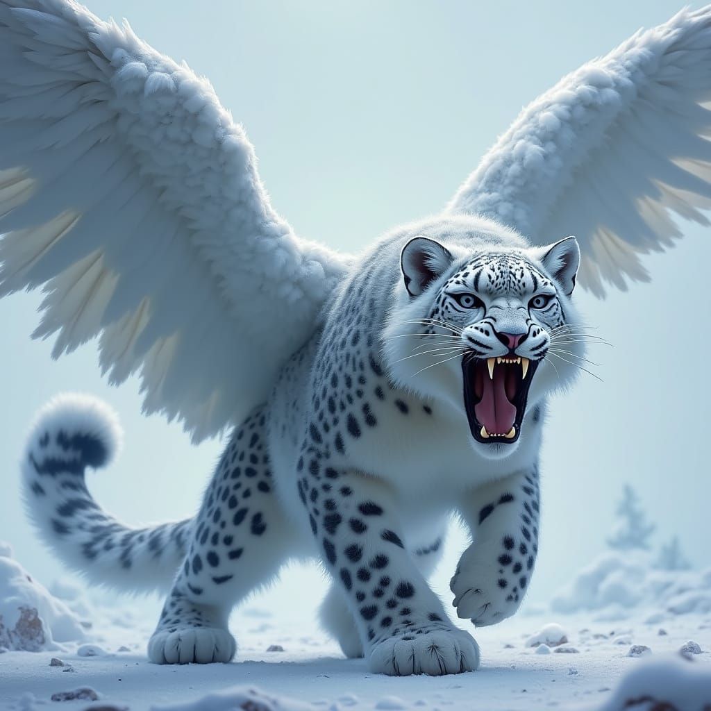Hyperrealistic Snow Leopard Fusion with Wings and Razor Teet...