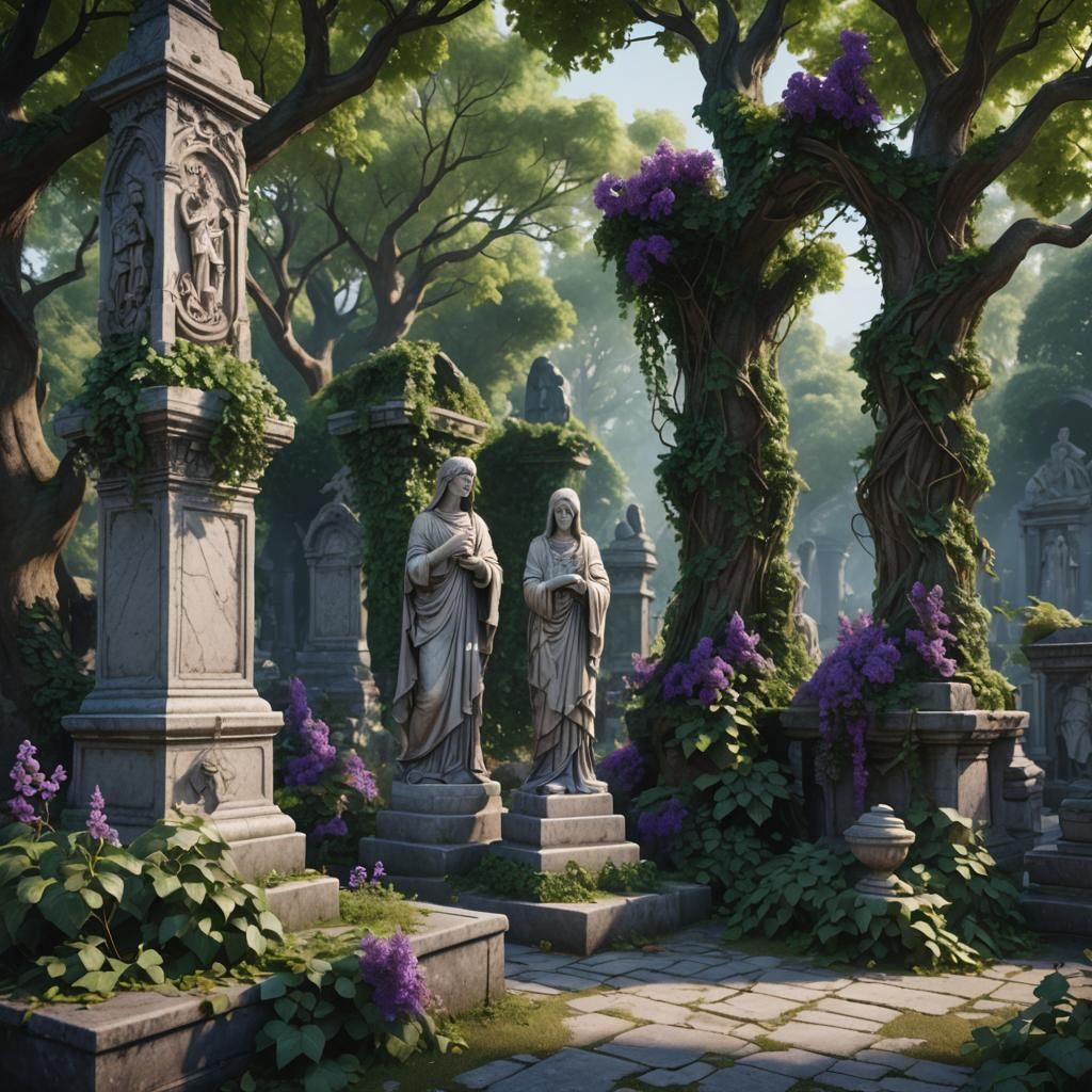 Gargoyle Statues in Ancient Cemetery: Fantasy Matte Painting