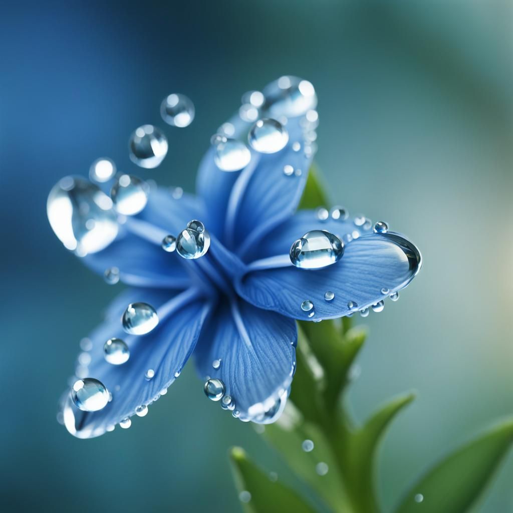 Ethereal Blue Flower with Droplets in Macro