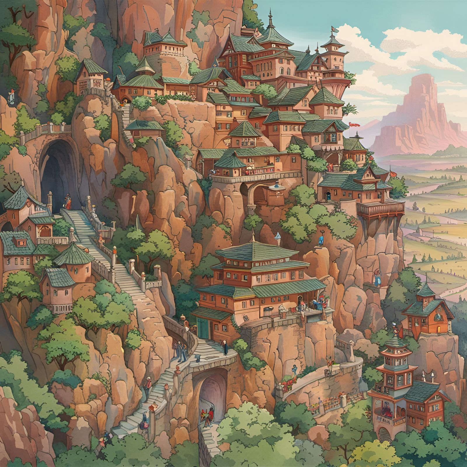 Gongmen City: Medieval Canyon City in Watercolor Style