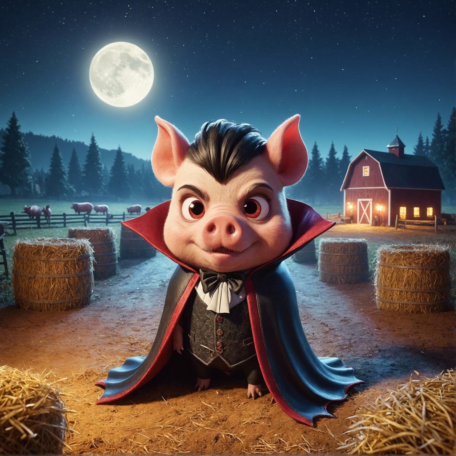 Cartoon Vampire Pig on a Farm at Night