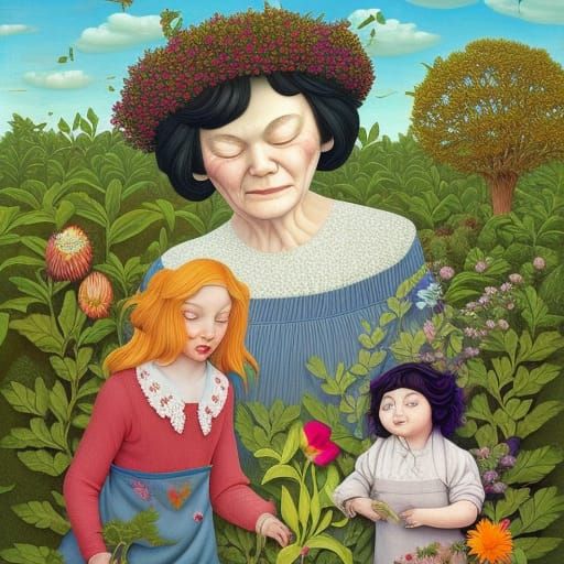 Grandmother and Granddaughter Planting a Garden: Surreal Ill...