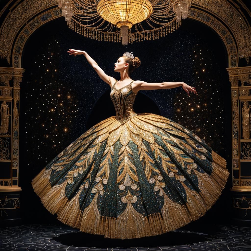 Ballerina in Theater, Klimt-Inspired Grotesque Grandeur
