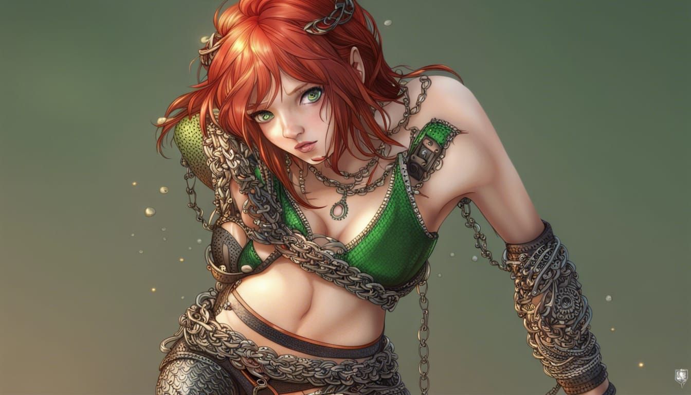 Red-Haired Girl in Chainmail Armor in Fantasy Setting