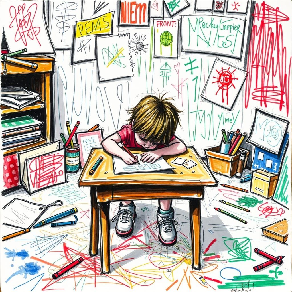 Naive Expressionist Child at Art Desk