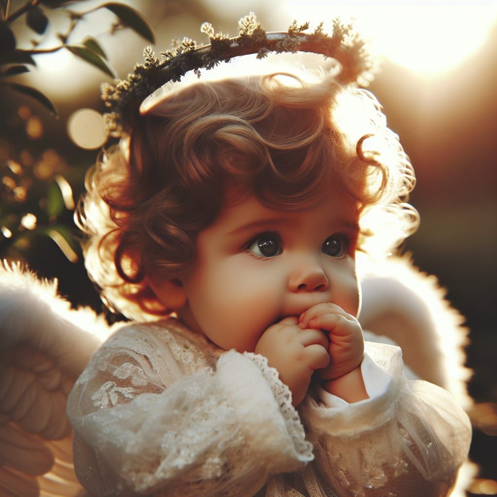 Sweet Baby Angel Chewing Halo in Sunlight
