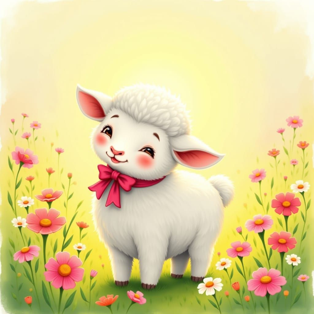 Adorable Fluffy Lamb in Wildflower Meadow