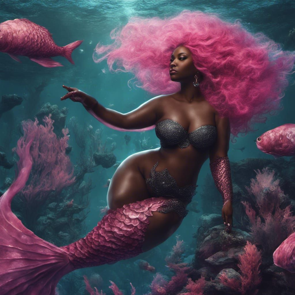 Plus Size Mermaid with Pink Hair in Fantasy Art