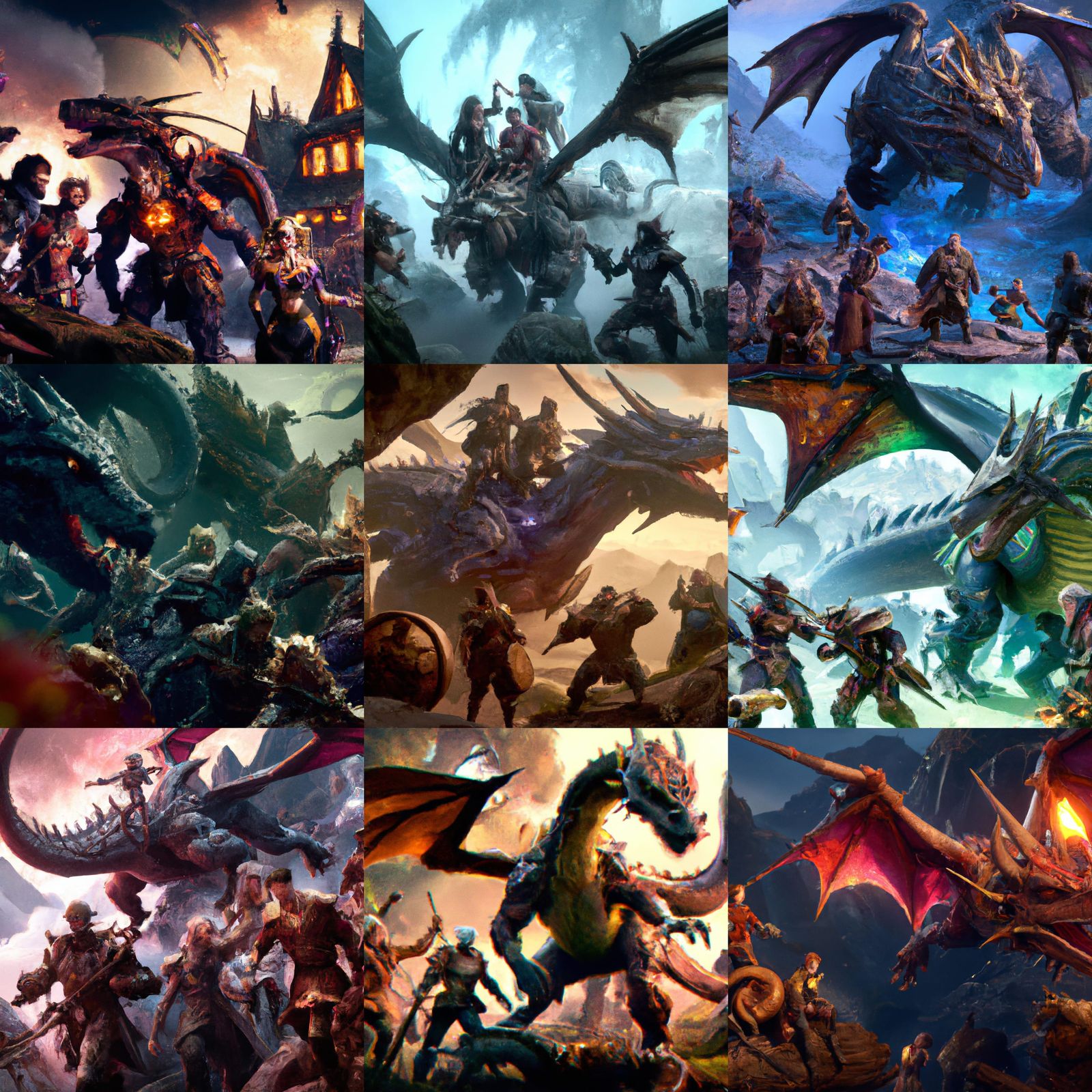 Adventuring Party vs Legendary Dragon in Dark Fantasy Style