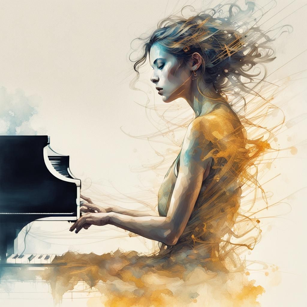 Sunshine Pianist Dancer in Stylized Watercolor Art