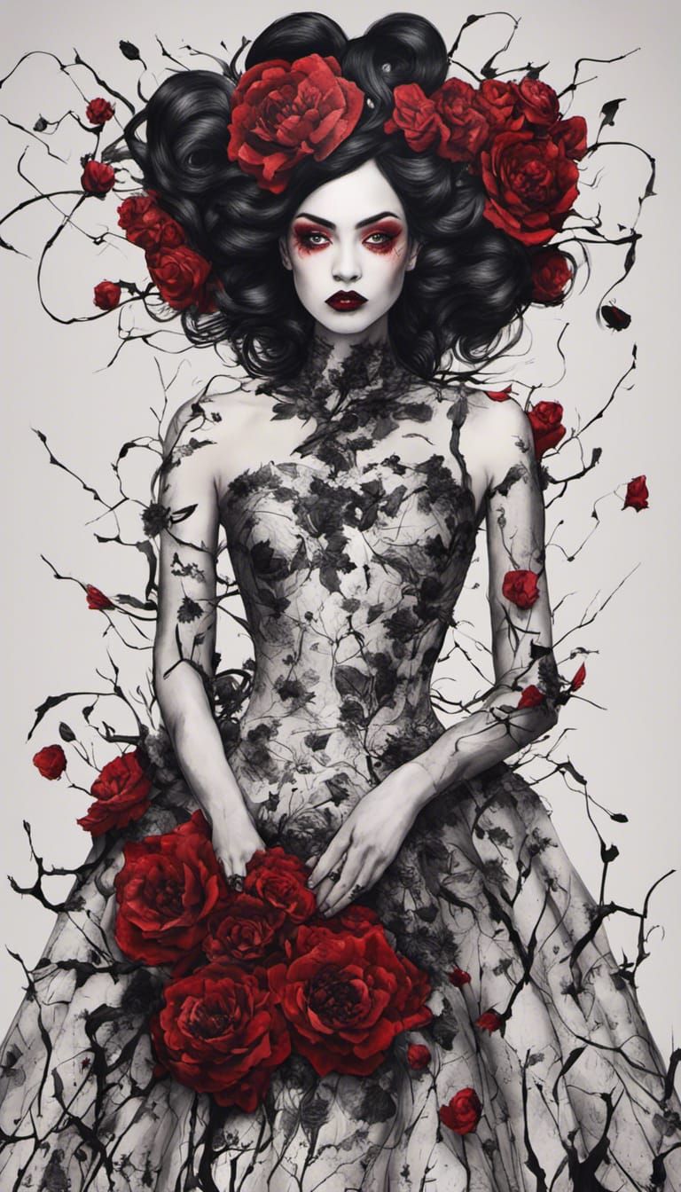 Gothic Bride in Black Floral Couture Gown