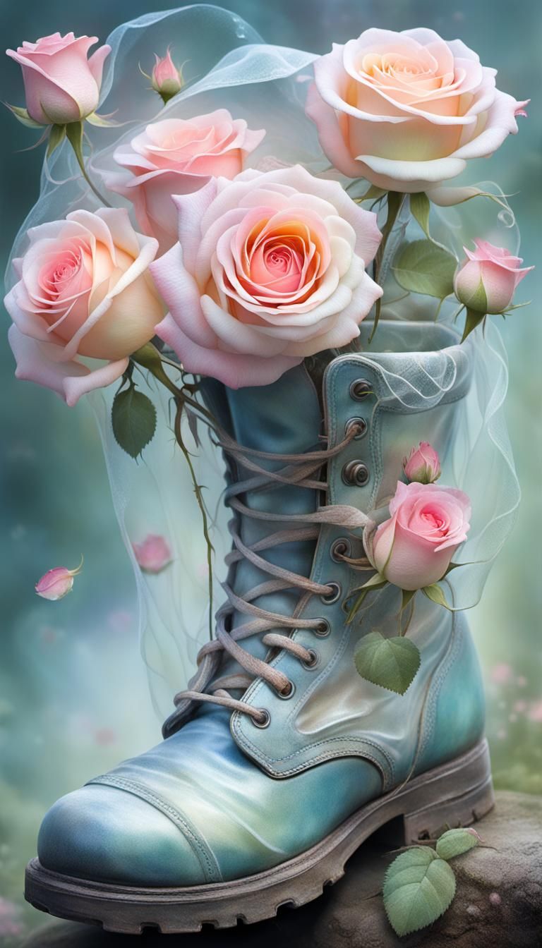 Ethereal Fusion: Roses Peeking From a Hiking Boot