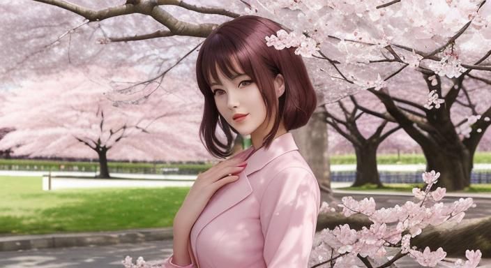 Woman Under Cherry Blossom Tree in Spring