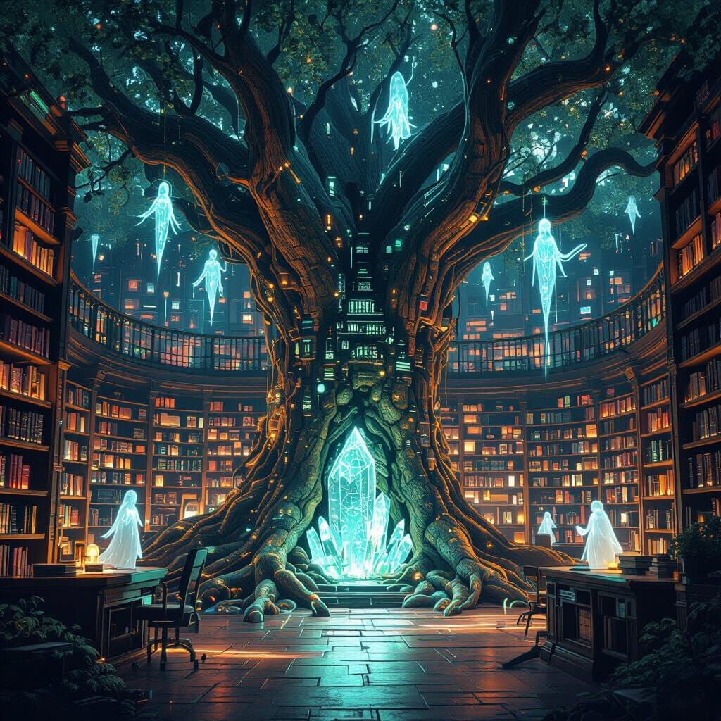 Bioluminescent Library in Ancient Tree, Digital Art