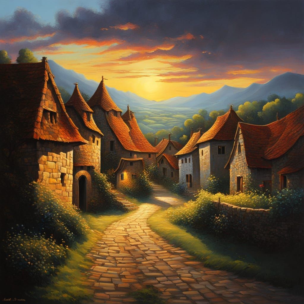 Chiaroscuro Sunrise Over Medieval Village