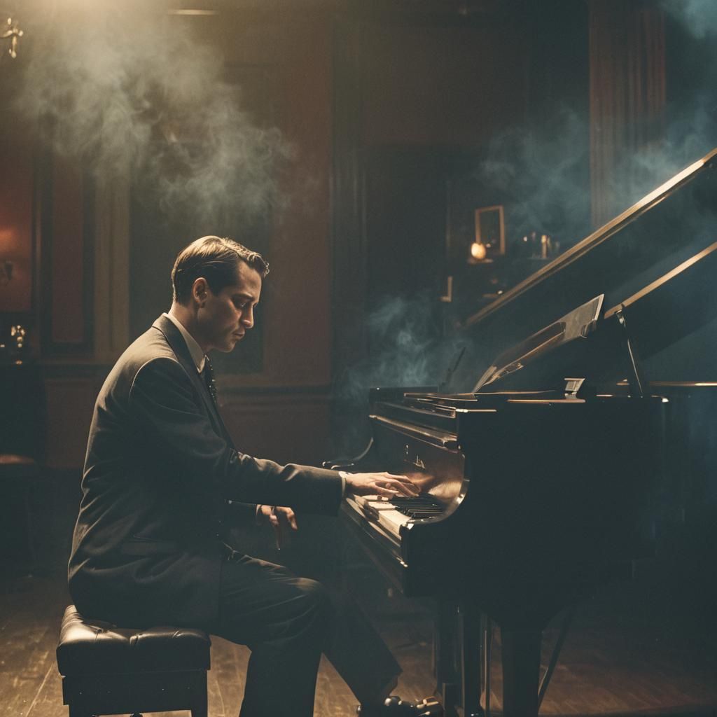 Pianist in Dimly Lit 1920s Jazz Club
