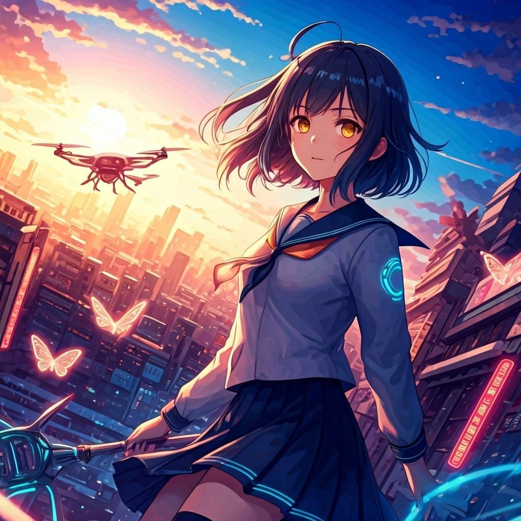 Teenage Girl with Staff in Manga Anime Style