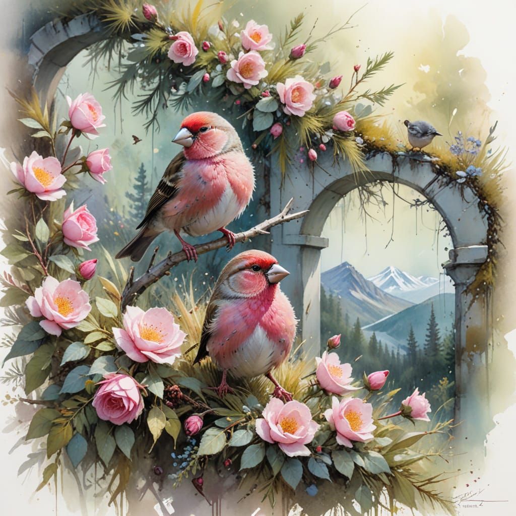 Alpine Meadow with Rosy Finches in Watercolor Style