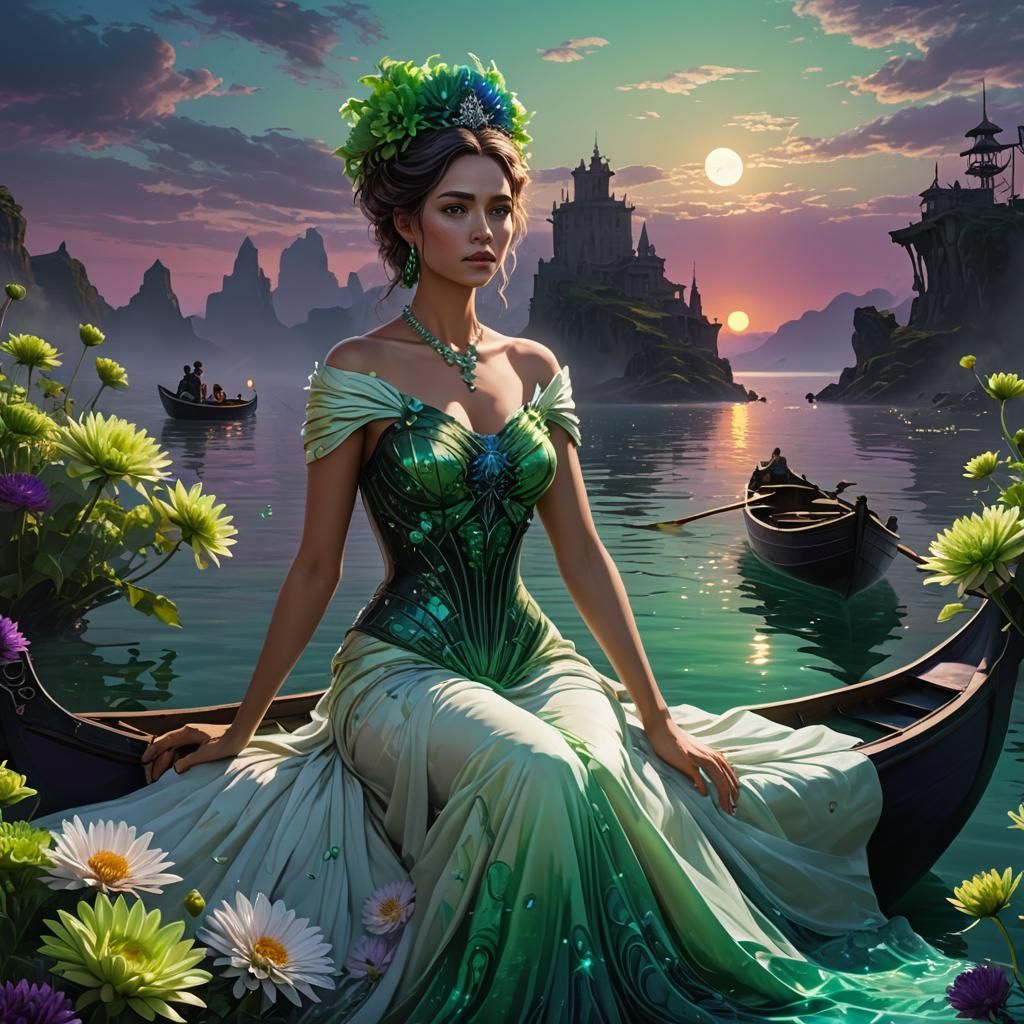 Goddess in Rowboat at Sunrise: Hyperdetailed Art